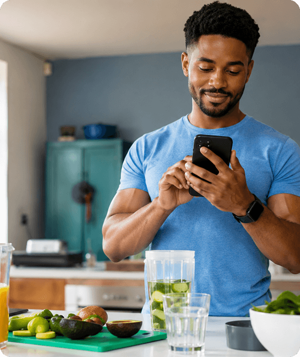Man preparing healthy food while using his phone