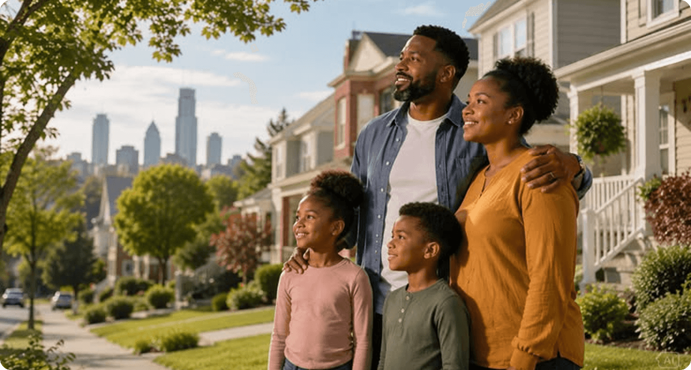 Smiling family standing outside a home
